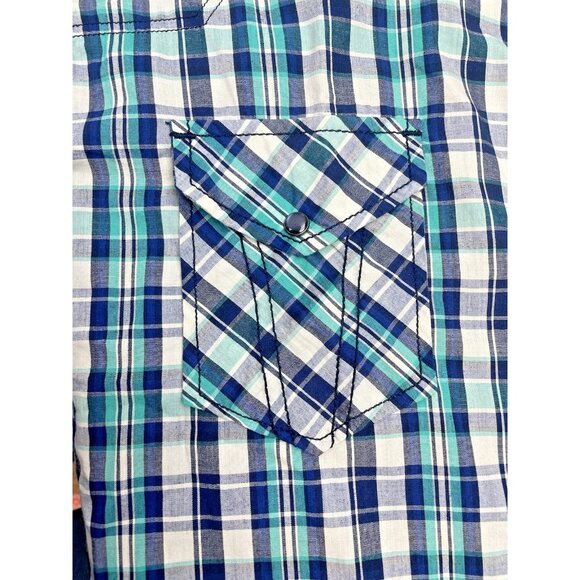 7 Diamonds Shirt Mens XXL Pearl Snap Short Sleeve Plaid Western Retro Green/Blue - Picture 8 of 15